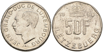 Люксембург 50 франков 1990 Герцог Жан (1964-1999) KM 66 никель 4573-731