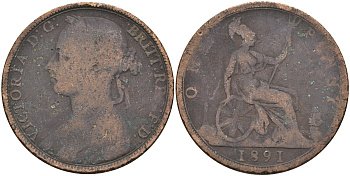 Великобритания 1 пенни 1891 Виктория (1837-1901) KM 755, Spink 3954 бронза 4590-1246