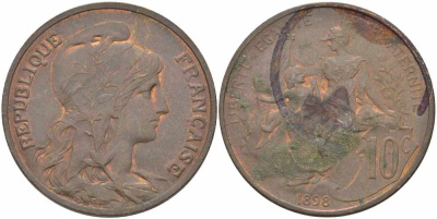ФРАНЦИЯ 10 САНТИМОВ 1898 ТИП ДАНИЭЛЬ ДЮПЮИ KM 843, LA FRANC 136.6 бронза 109-121