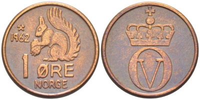НОРВЕГИЯ 1 ЭРЕ 1962 БЕЛКА, УЛАФ V (1957-1991) KM 403 бронза 211-1166