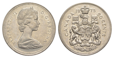 Канада 50 центов 1975 Елизавета II (1952-2022), герб KM 75 никель UNC 4631-947