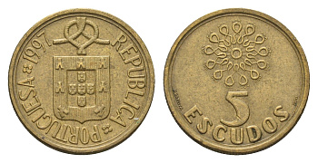 Португалия 5 эскудо 1997 KM 632 никель латунь 4641-1217