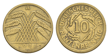 Германия 10 рентенпфеннигов 1924 A KM 33, J. 309 алюминиевая бронза 4644-1223