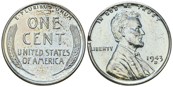 США 1 цент 1943 D, Авраам Линкольн KM 132 a сталь покрытая цинком aUNC 112-528