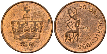 Норвегия 50 эре 1996 Харальд V (1991- ) KM 460 бронза 4154-819