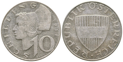 Австрия 10 шиллингов 1958 KM 2882 серебро 413-1923