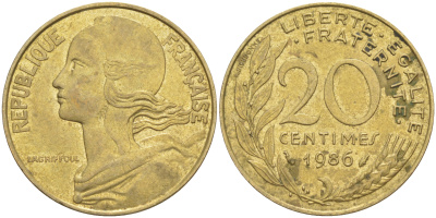 Франция 20 сантимов 1986 тип Marianne KM 930, Le Franc 156.26 медь алюминий никель 4513-424
