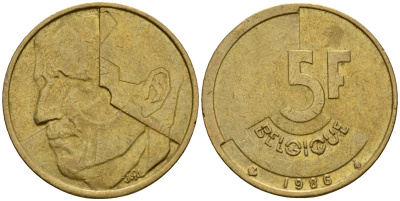 Бельгия 5 франков 1986 Belgique, Бодуэн I (1951-1993) KM 163 алюминиевая бронза 4601-142
