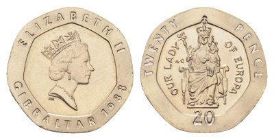 Гибралтар 20 пенсов 1988 KM 16 медно-никель UNC 4668-524