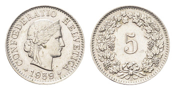 Швейцария 5 раппенов 1959 B KM 26 медно-никель 4705-851