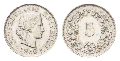 Швейцария 5 раппенов 1959 B KM 26 медно-никель 4705-851
