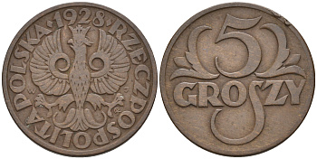 ПОЛЬША 5 ГРОШЕЙ 1928 w KM 10а бронза 4561-937