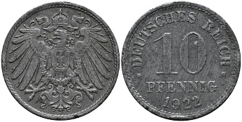 Германия 10 пфеннигов 1922 KM 26, J. 299 цинк 4541-423