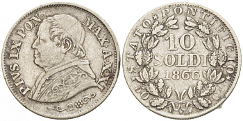 ВАТИКАН 10 СОЛЬДИ 1866 R, ГОД XXI, ПАПА ПИЙ IX (1846-1878) , МАЛАЯ ГОЛОВА, ОРНАМЕНТ ПОД БЮСТОМ KM 1376 серебро 1515-325