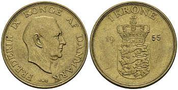 Дания 1 крона 1955 Фредерик IX (1947-1972) KM 837 алюминиевая бронза 4148-256