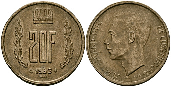 Люксембург 20 франков 1983 герцог Жан (1964-2000) KM 58 алюминиевая бронза 4120-826