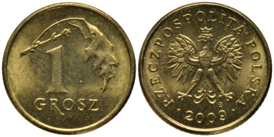 ПОЛЬША 1 ГРОШ 2009 MW KM 276 латунь 201-364