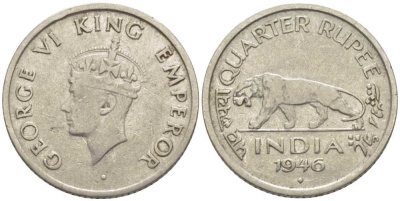 ИНДИЯ БРИТАНСКАЯ 1/4 РУПИИ 1946 ГЕОРГ VI (1936-1952) KM 548 никель 116-926