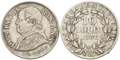 ВАТИКАН 10 СОЛЬДИ 1866 R, ГОД XXI, ПАПА ПИЙ IX (1846-1878) , МАЛАЯ ГОЛОВА, ОРНАМЕНТ ПОД БЮСТОМ KM 1376 серебро 1515-325