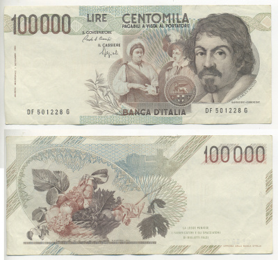 Италия 100000 лир 1983 Караваджо, фруктовый букет, подпись Speziali Pick 110b бумага 7220-23-2