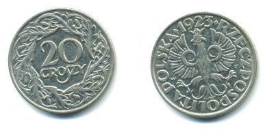 ПОЛЬША 20 ГРОШЕЙ 1923 KM 12 никель 4383-211