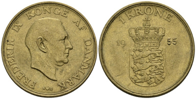 Дания 1 крона 1955 Фредерик IX (1947-1972) KM 837 алюминиевая бронза 4148-256