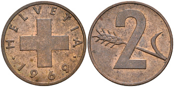 Швейцария 2 раппена 1969 KM 47 бронза 4561-614