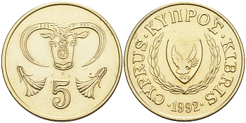 КИПР 5 ЦЕНТОВ 1992 KM 55.3 никель латунь UNC 4563-742