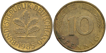 ФРГ 10 ПФЕННИГОВ 1985 J KM 108, J.383 сталь плакированная латунью 75-653