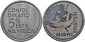 ШВЕЙЦАРИЯ 5 ФРАНКОВ 1979 100 ЛЕТ СО ДНЯ РОЖДЕНИЯ АЛЬБЕРТА ЭЙНШТЕЙНА KM 57 медно-никель UNC 443-135