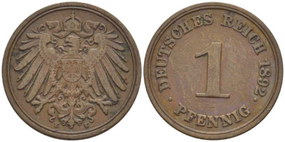 ГЕРМАНИЯ 1 ПФЕННИГ 1892 E KM 10, J. 10, Weege 2 медь 211-149