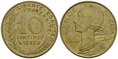 Франция 10 сантимов 1985 тип Марианна KM 929, LE FRANC 144.25 медь алюминий никель 4136-425
