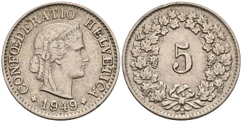 Швейцария 5 раппенов 1949 В KM 26 медно-никель 4594-615
