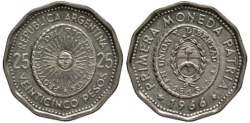 Аргентина 25 песо 1965 первая монета отчеканенная в Аргентине в 1813 году KM 61 сталь плакированная никелем 4185-531