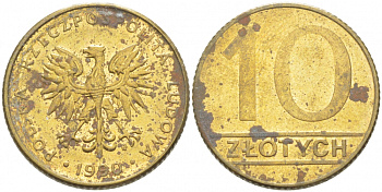 Польша 10 злотых 1990 MW, Народная Республика KM 152.2, Parchimowicz 244b латунь 77-444