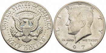 США 1/2 доллара (50 центов) 1971 D, Джон Кеннеди KM 202b медь плакированная медно-никелем 109-742