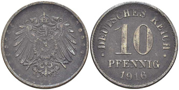 ГЕРМАНИЯ 10 ПФЕННИНГОВ 1916 A, ПЕРВАЯ МИРОВАЯ ВОЙНА KM 20, J.298, Weege 8 железо 202-155