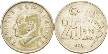 Турция 25000 лир 1999 Мустафа Кемаль Ататюрк KM 1041 медь никель цинк 4525-633