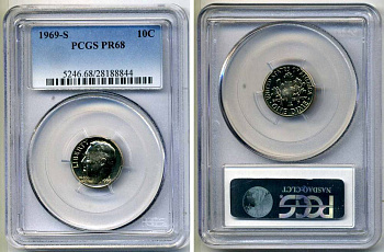 США 10 центов (дайм) 1976 S, президент Рузвельт, в слабе PCGS PR68 KM 195а медь плакированная медно-никелем PROOF 15-002-02