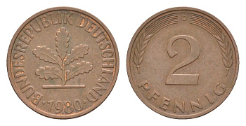 ФРГ 2 пфеннига 1980 D KM 106a, J.381a сталь плакированная медью 4630-1238