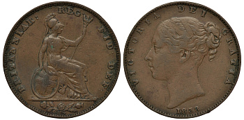 Великобритания 1 фартинг 1838 Виктория (1837-1901) KM 725, Spink 3950 медь 1515-2141