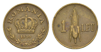 Румыния 1 лей 1939 Кароль II (1930-1940) KM 56 никель латунь 4636-365