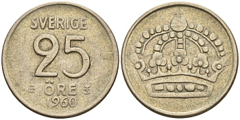 Швеция 25 эре 1960 TS, Густав VI Адольф (1950-1973) KM 824 серебро 4147-1069