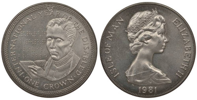 Остров Мэн 1 крона 1981 Международный год инвалидов, Луи Брайль KM 77 медно-никель UNC 02-224-25