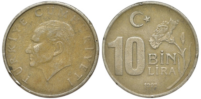 Турция 10000 лир 1995 Мустафа Кемаль Ататюрк KM 1027.1 медь никель цинк 51-1334