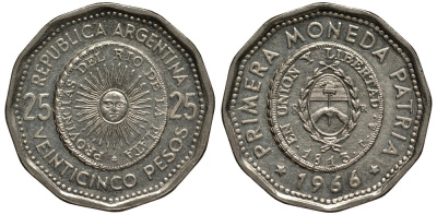 Аргентина 25 песо 1965 первая монета отчеканенная в Аргентине в 1813 году KM 61 сталь плакированная никелем 4185-531