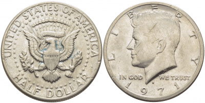 США 1/2 доллара (50 центов) 1971 D, Джон Кеннеди KM 202b медь плакированная медно-никелем 109-742