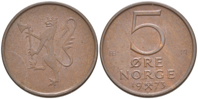 Норвегия 5 эре 1973 Улаф V (1958-1991) ​KM 415 бронза 187-743