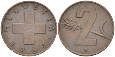 Швейцария 2 раппена 1963 В KM 47 бронза 4584-145