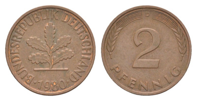 ФРГ 2 пфеннига 1980 D KM 106a, J.381a сталь плакированная медью 4630-1238